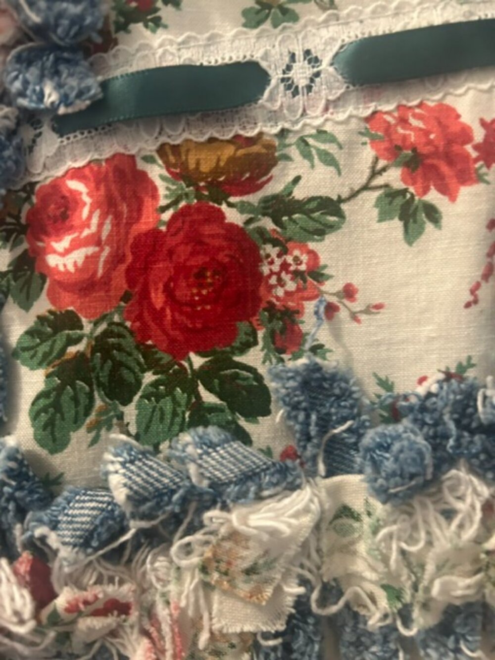 One of a Kind Upcycled Handcrafted Floral Lace Ribbon Distressed Denim Vest - Picture 5 of 16